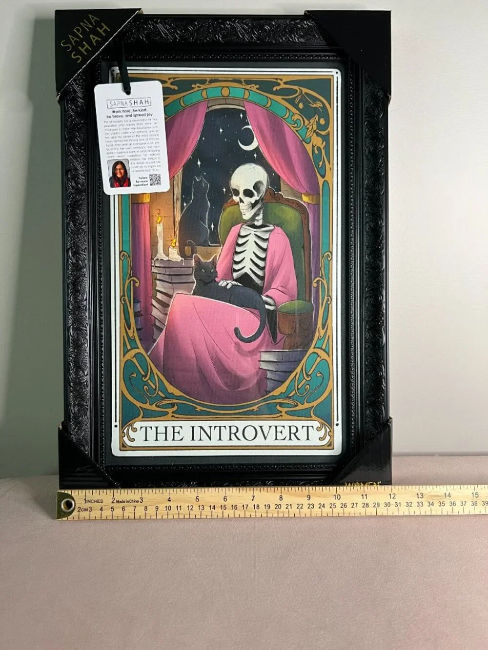 NEW Sapna Shah The Introvert Skeleton Black Cat Framed Wall Art